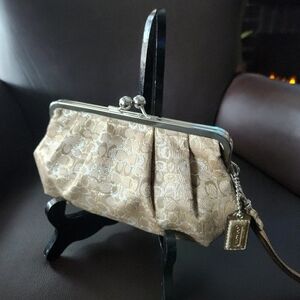 NWOT Coach Gold & Silver Optic Signature Metallic Kisslock Clutch Wristlet